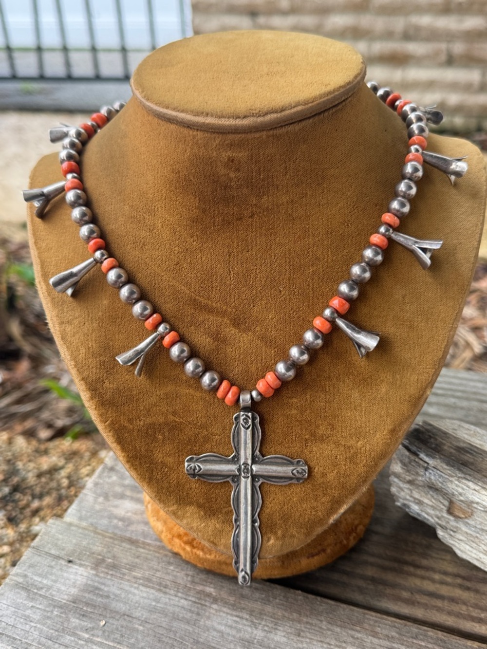 Native American Squash Blossom Necklace with Coral and Cross Pendant